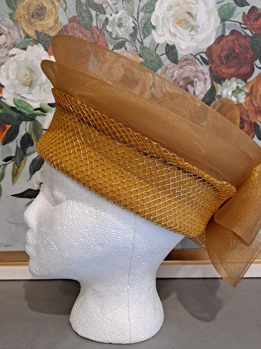 Deborah NY Vintage Wool Gold Fascinator Hat W/Bow Fishnet Mesh Derby High Tea